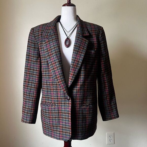 Vintage Giorgio Sant'Angelo 100% Wool Blazer Size 14 Jewel Tone Houndstooth - Picture 1 of 11